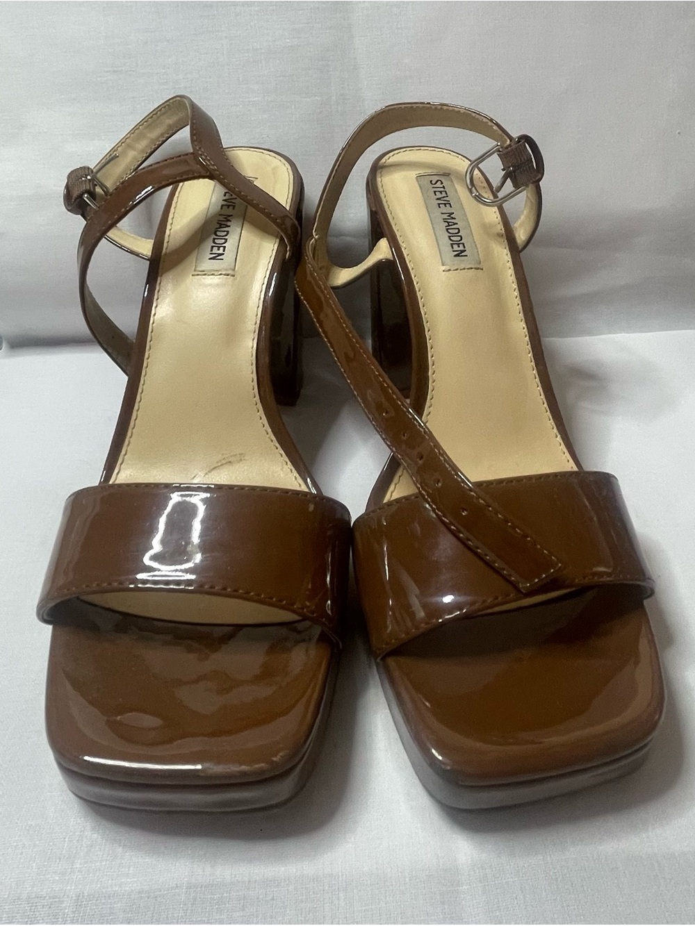 Steve Madden Brown Patent Block Heel Sandals with Ankle Strap